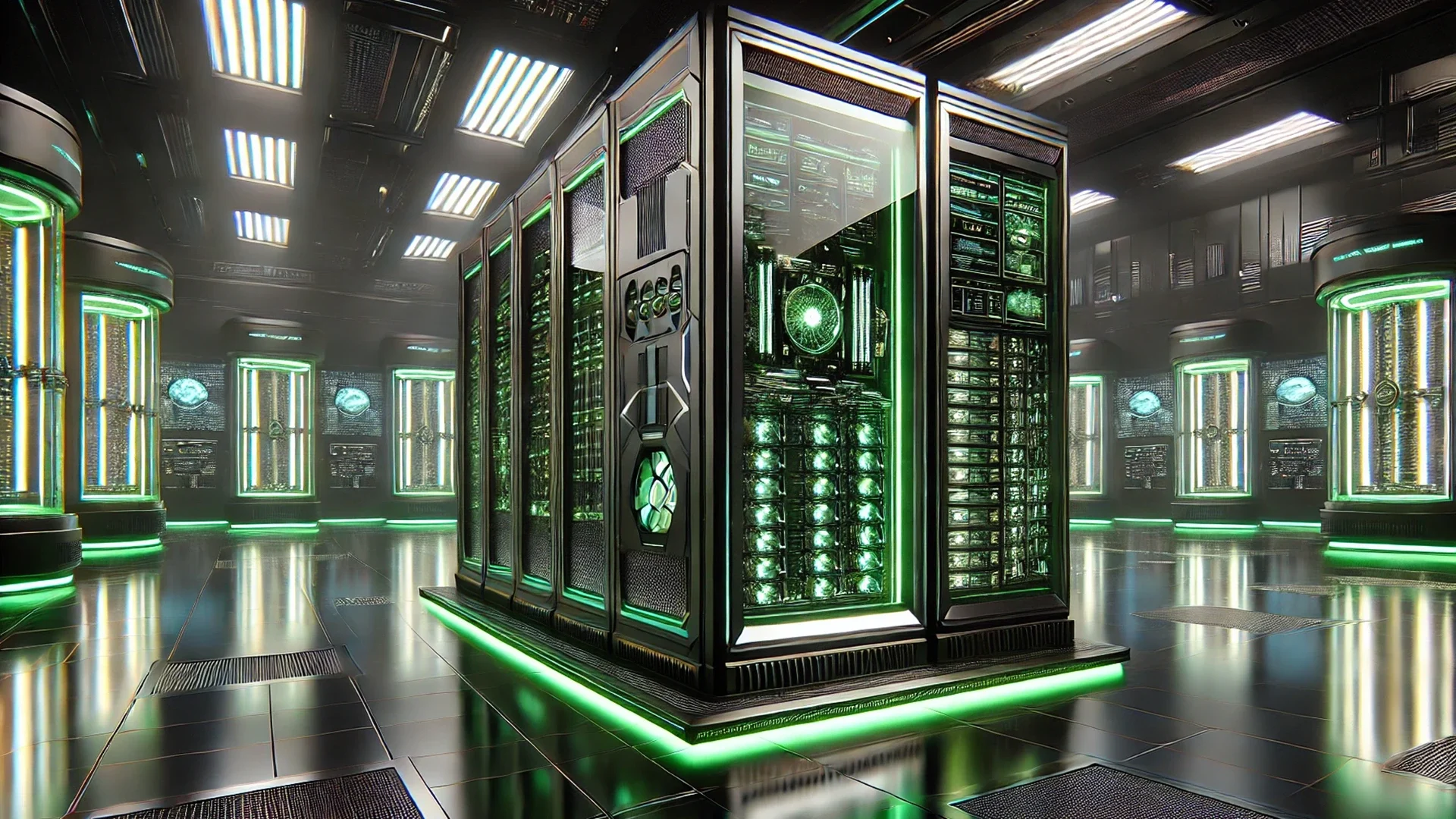DALL·E 2025-03-24 11.08.33 - A sleek, modern mainframe computer designed in a cinematic futuristic style reminiscent of Marvel movies. The mainframe is illuminated with glowing gr (1)